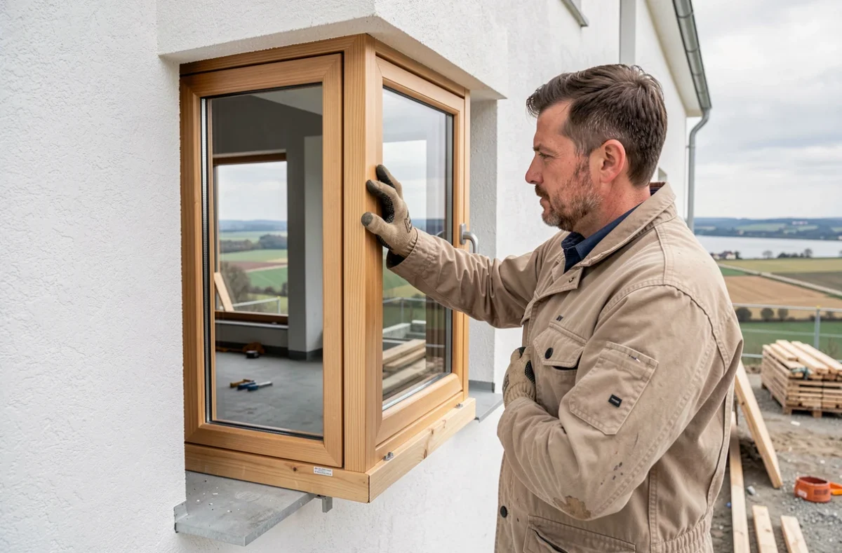 Artisan de la Menuiserie Lacroix à Horbourg-Wihr installant une grande baie vitrée en bois sur une maison moderne en construction en Alsace