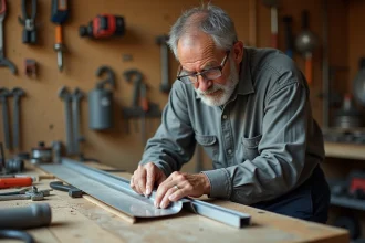 Homme mesurant une cornière en aluminium avec une règle en acier sur un établi de bricolage