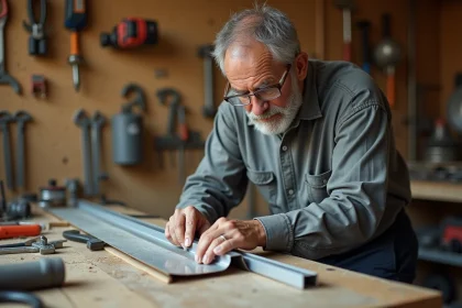 Homme mesurant une cornière en aluminium avec une règle en acier sur un établi de bricolage