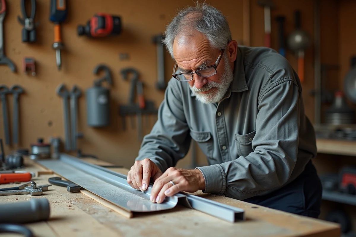 Homme mesurant une cornière en aluminium avec une règle en acier sur un établi de bricolage