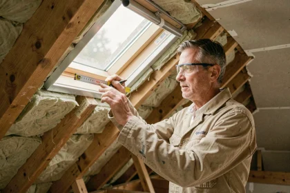 Artisan mesurant un cadre de fenêtre de toit VELUX dans un grenier en cours d'isolation thermique