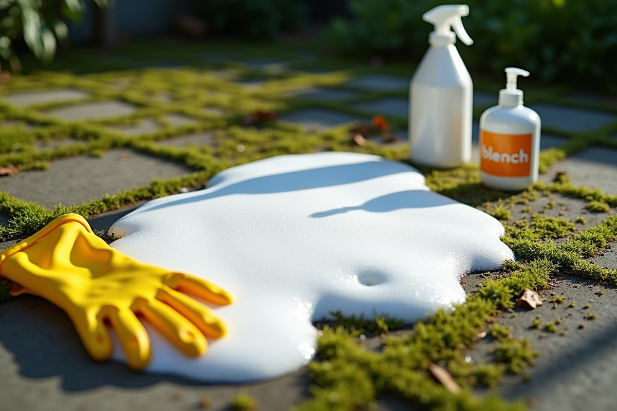 Mousse blanche sur terrasse en béton humide avec gant jaune