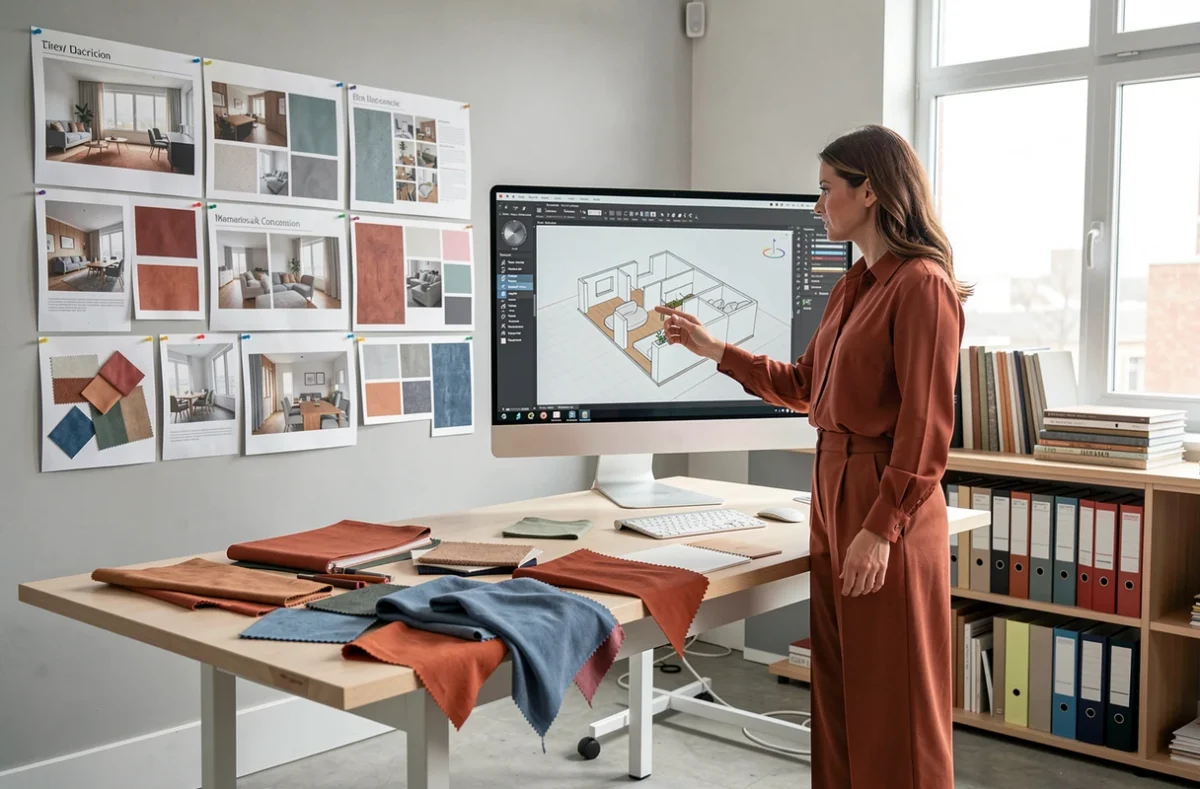 Studio de conception intérieure avec moodboards, échantillons de tissus et logiciel 3D pour MSP Conception