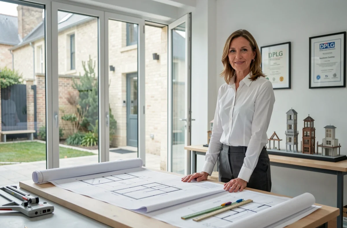 Nadège Tanguy, architecte DPLG, devant ses plans architecturaux dans son agence à Rennes avec vue sur cour intérieure