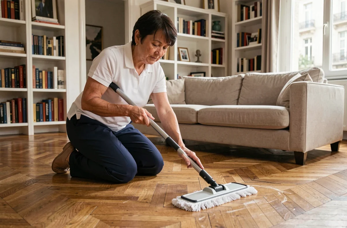 Professionnelle du ménage en train de nettoyer le parquet d'un salon spacieux dans un appartement parisien moderne