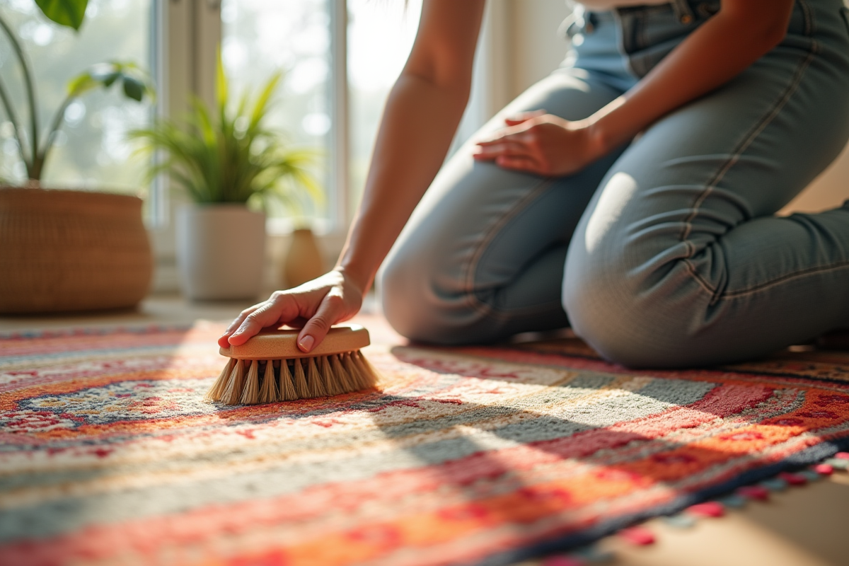 Personne nettoyant un tapis berbere coloré dans un salon lumineux
