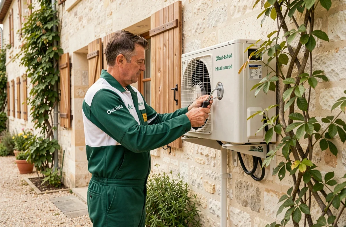 Installateur PAC référencé Obat fixant une pompe à chaleur sur une maison en tuffeau du Centre-Val de Loire