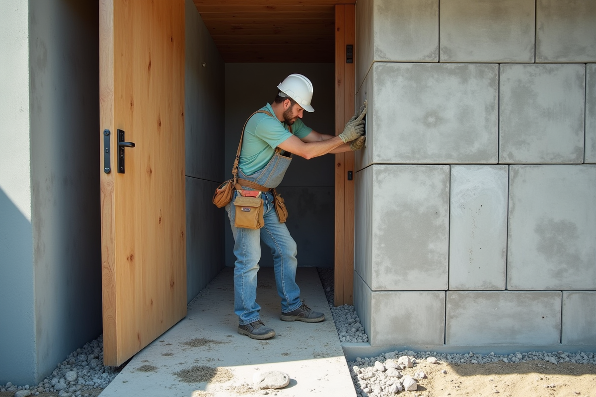 Ouvrier scellant une porte moderne avec blocs et mortier