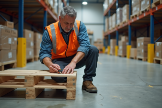 Ouvrier d'entrepot attachant une sangle de securite