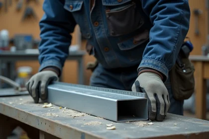 Ouvrier mesurant un tube rectangulaire en aluminium sur un établi d'atelier de construction