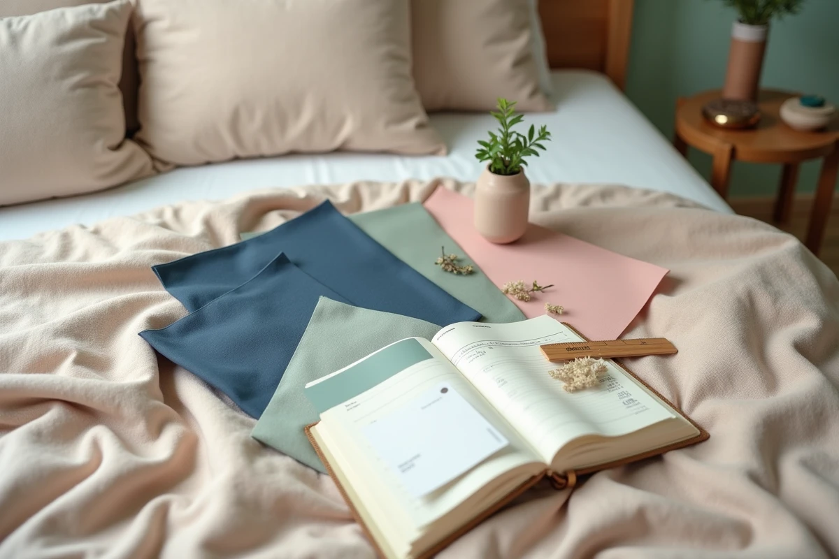 Planche de couleurs et échantillons de tissus pour harmoniser la déco d'une chambre partagée garçon fille en bleu marine et rose