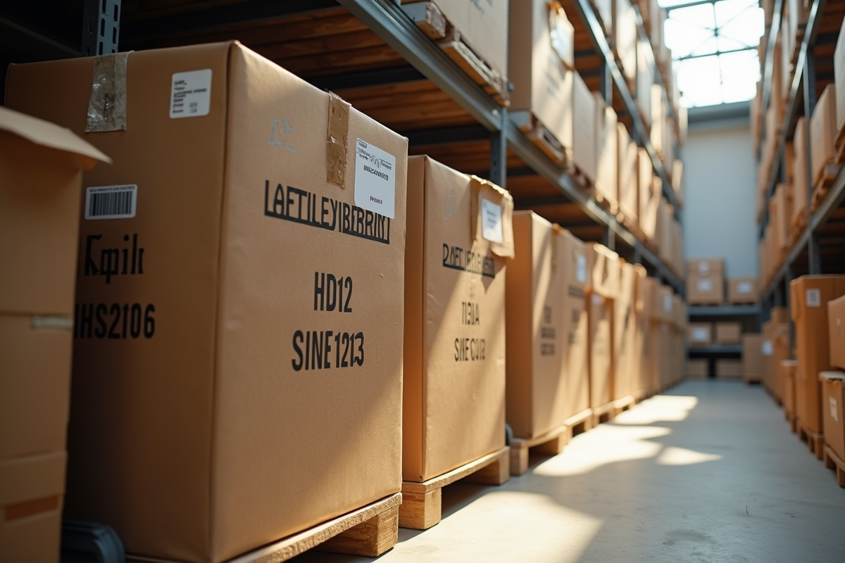 Palettes de cartons empiles dans un entrepôt lumineux