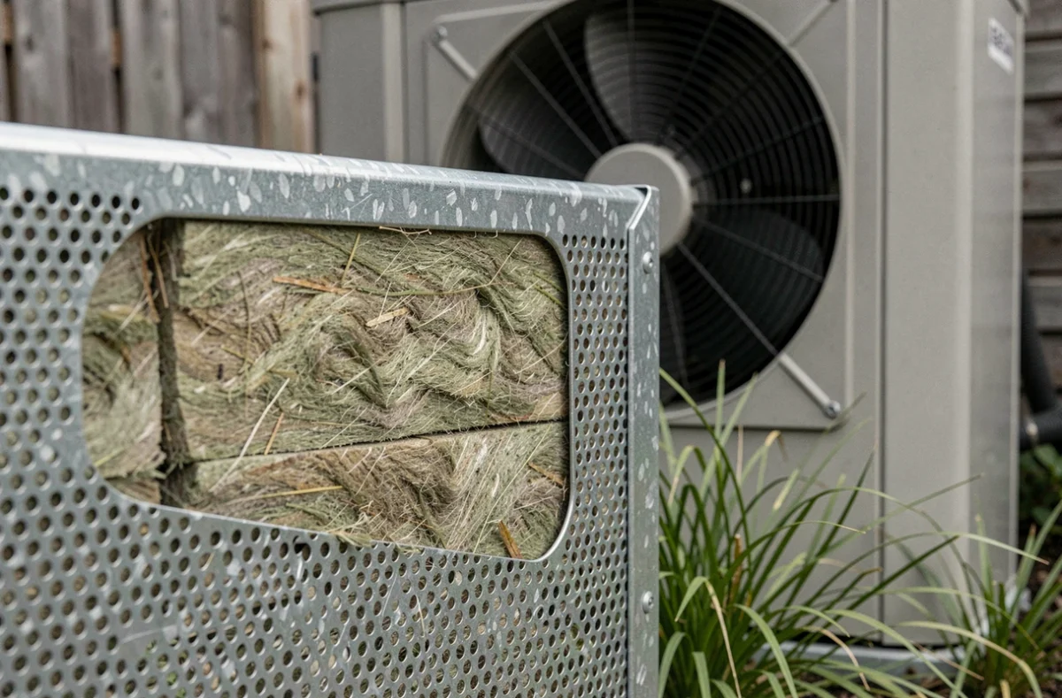 Gros plan sur un panneau acoustique préfabriqué en acier perforé positionné devant le compresseur d'une pompe à chaleur dans un jardin urbain