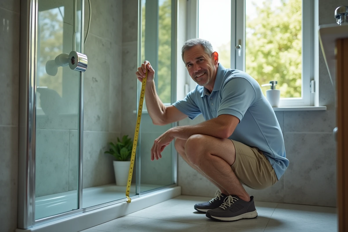 P&egrave;re mesurant la largeur de la douche dans la salle de bain