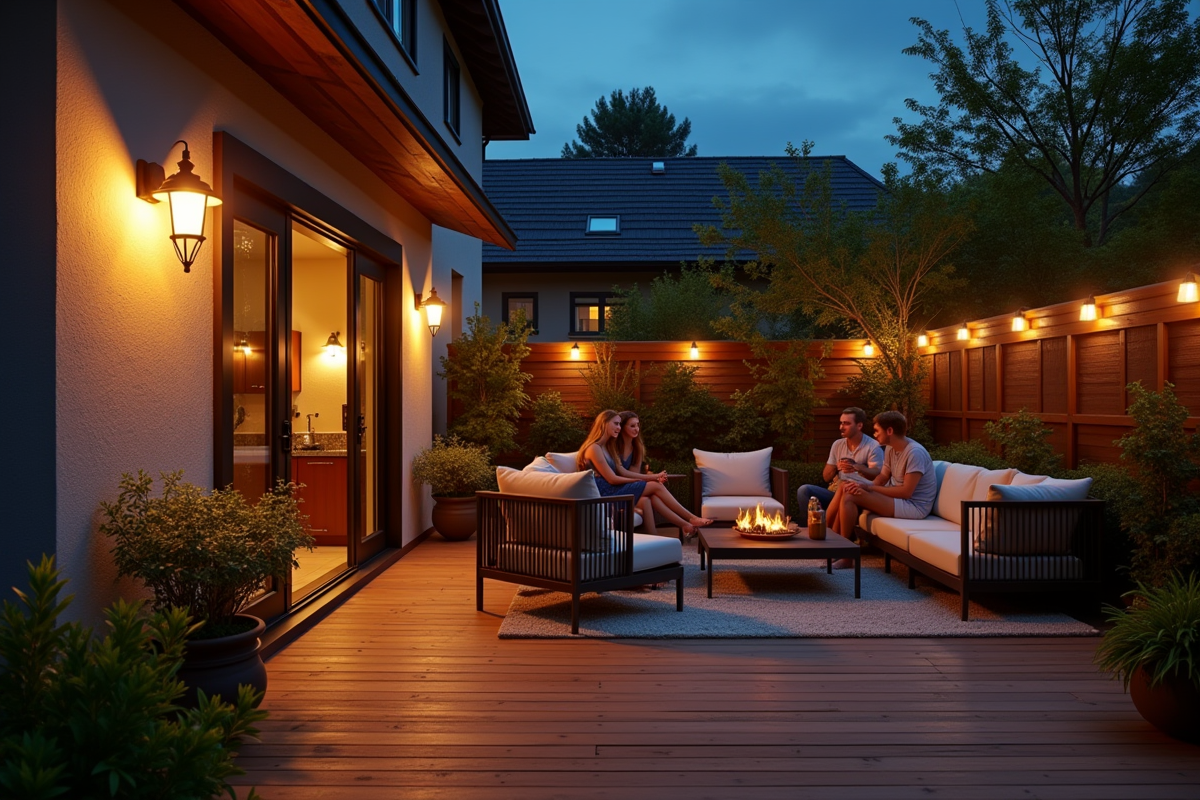 Patio extérieur en soirée avec éclairage LED et mobilier convivial
