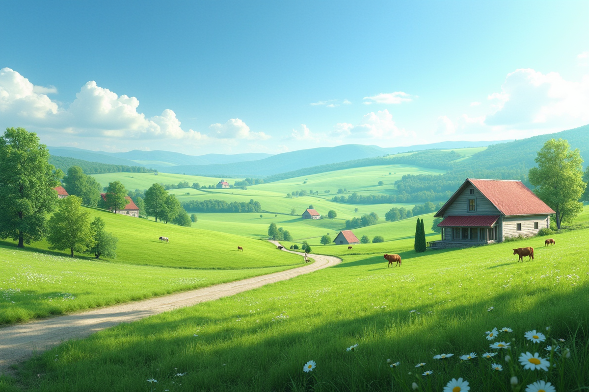 Campagne paisible avec ferme et vaches sous ciel bleu