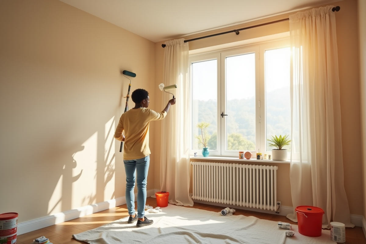 Personne peignant un mur moderne dans une chambre lumineuse
