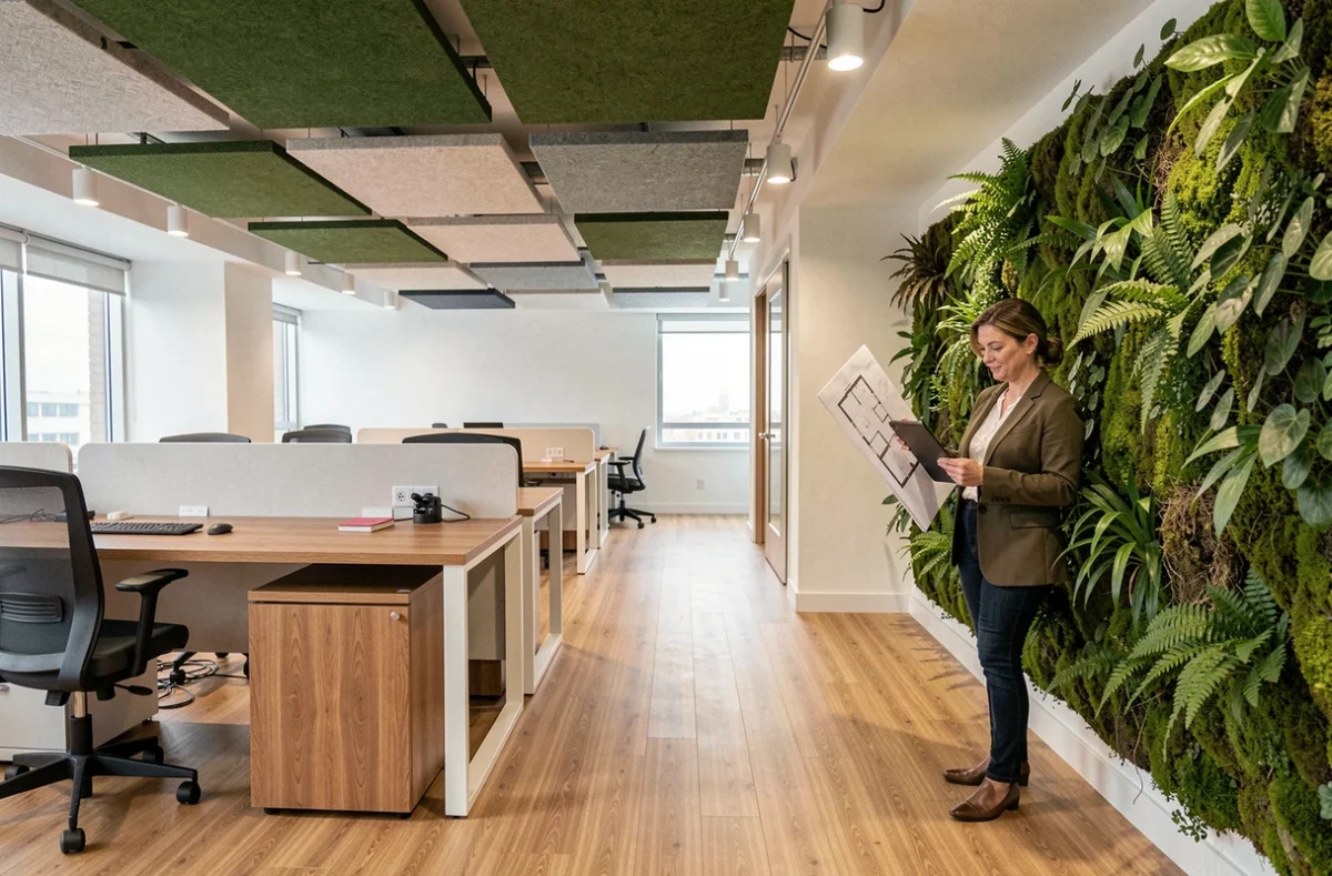 Espace de bureaux rénovés avec mur végétal et aménagement durable par Performances LBA dans les Hauts-de-Seine