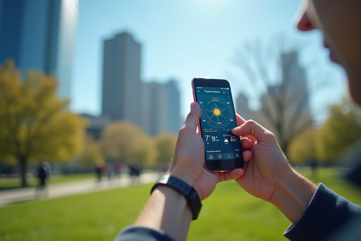 Une personne consulte une application météo sur son smartphone en plein air