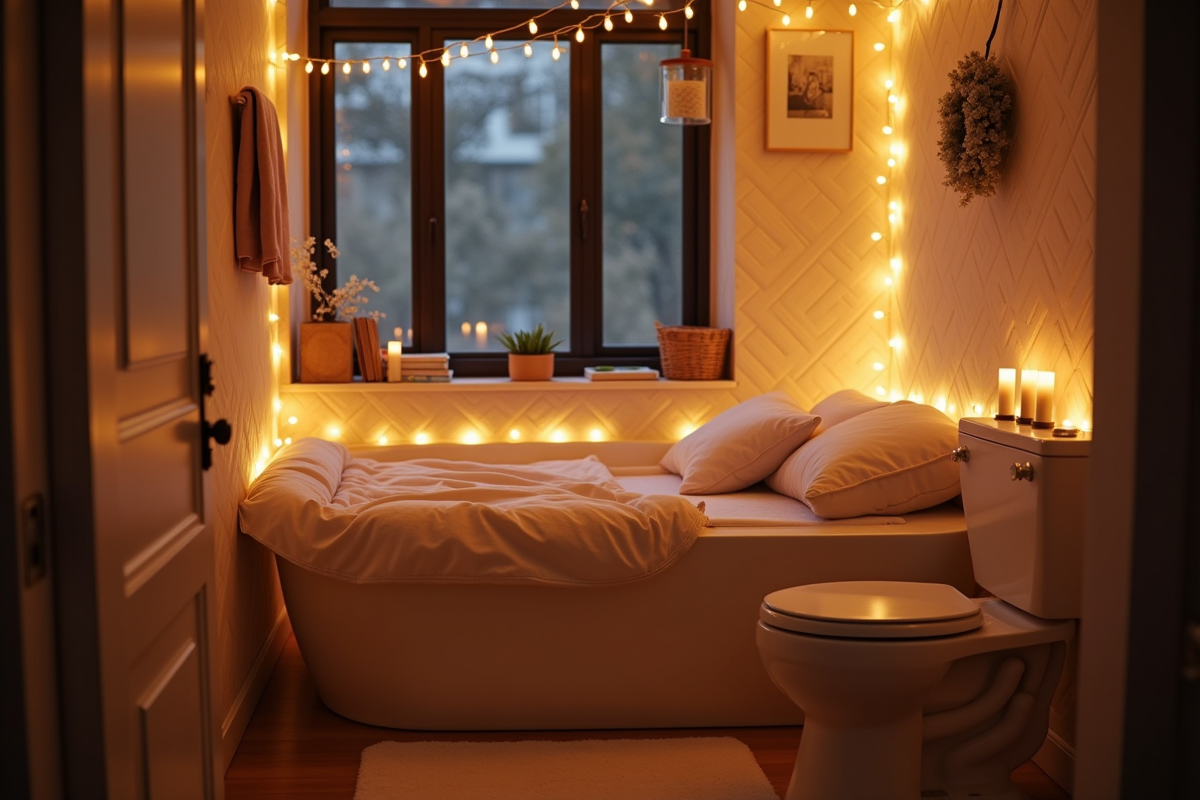 Petite salle de bain transformée en espace nuit chaleureuse