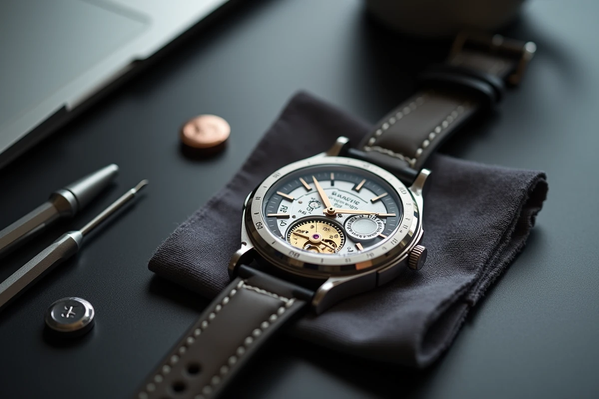 Vue macro d'une montre ouverte avec pile de remplacement et outils d'horlogerie sur tissu gris