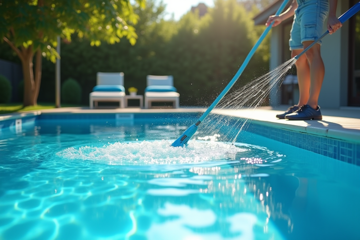 Piscine bleue moderne en été avec personne en nettoyage