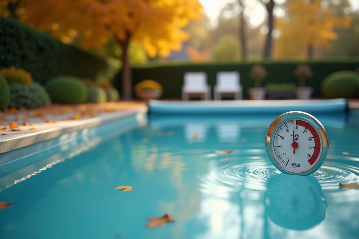 Piscine extérieure protégée en automne avec thermomètre flottant