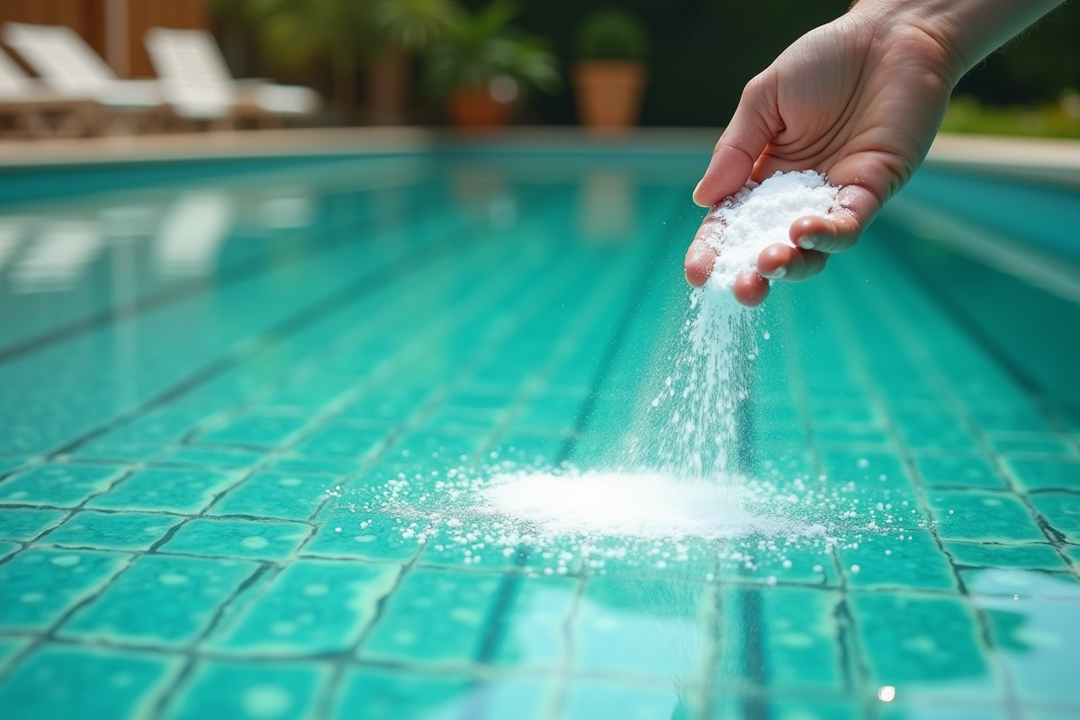 Piscine propre avec du bicarbonate sur des carreaux verts couverts d'algues