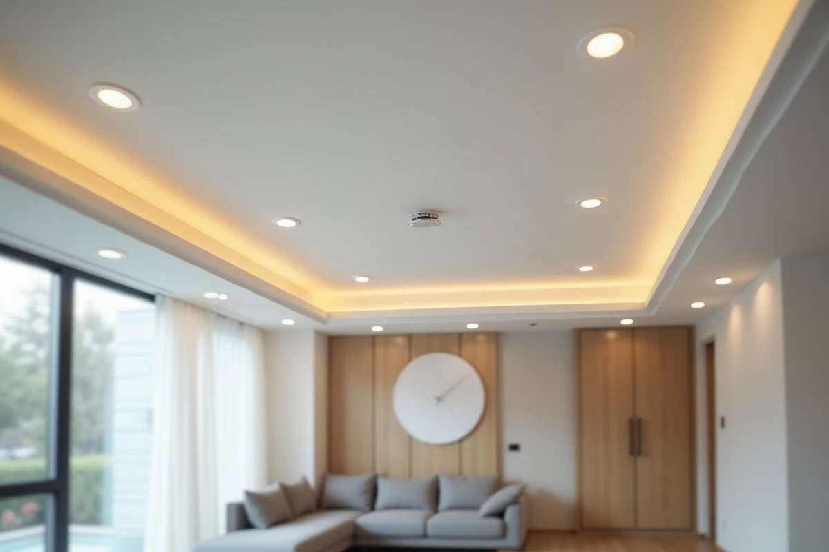 Plafond tendu blanc mat avec spots LED encastrés dans un salon moderne et lumineux