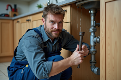Plombier homme en overalls bleus sous un évier de cuisine