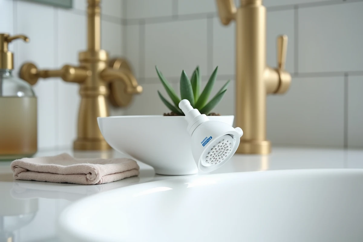 Pomme de douche économe en eau avec réducteur de débit et conseils d'économies sur une céramique