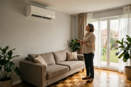 Femme utilisant la télécommande d'une pompe à chaleur air-air multisplit installée dans un salon moderne