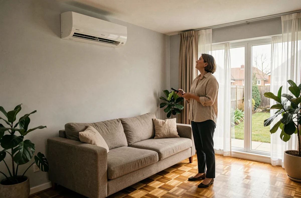 Femme utilisant la télécommande d'une pompe à chaleur air-air multisplit installée dans un salon moderne