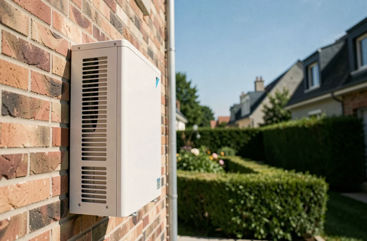 Pompe à chaleur Daikin silencieuse installée sur le mur extérieur d'une maison contemporaine française
