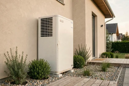 Pompe à chaleur air-eau Stiebel Eltron installée sur la façade extérieure d'une maison moderne avec terrasse en bois