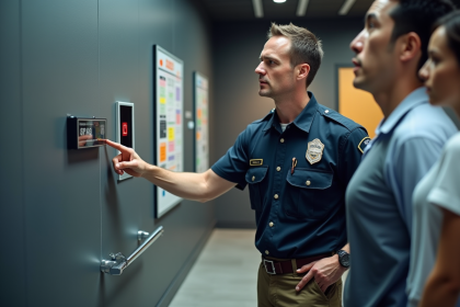 Pompiers en uniforme montrant un syst&egrave;me d'alarme incendie