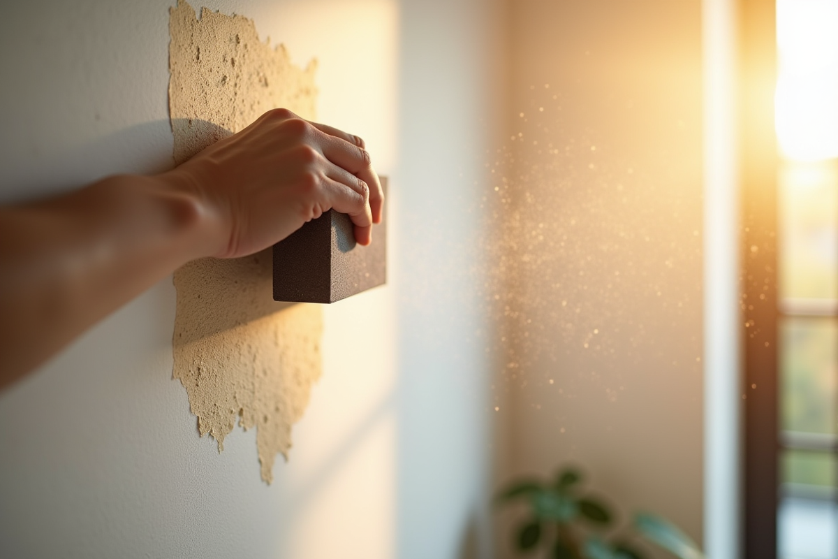 Détail d'une personne ponçant un mur lumineux en intérieur