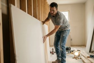 Poseur de cloisons sèches installant des plaques de plâtre sur une ossature bois dans une pièce en cours de rénovation
