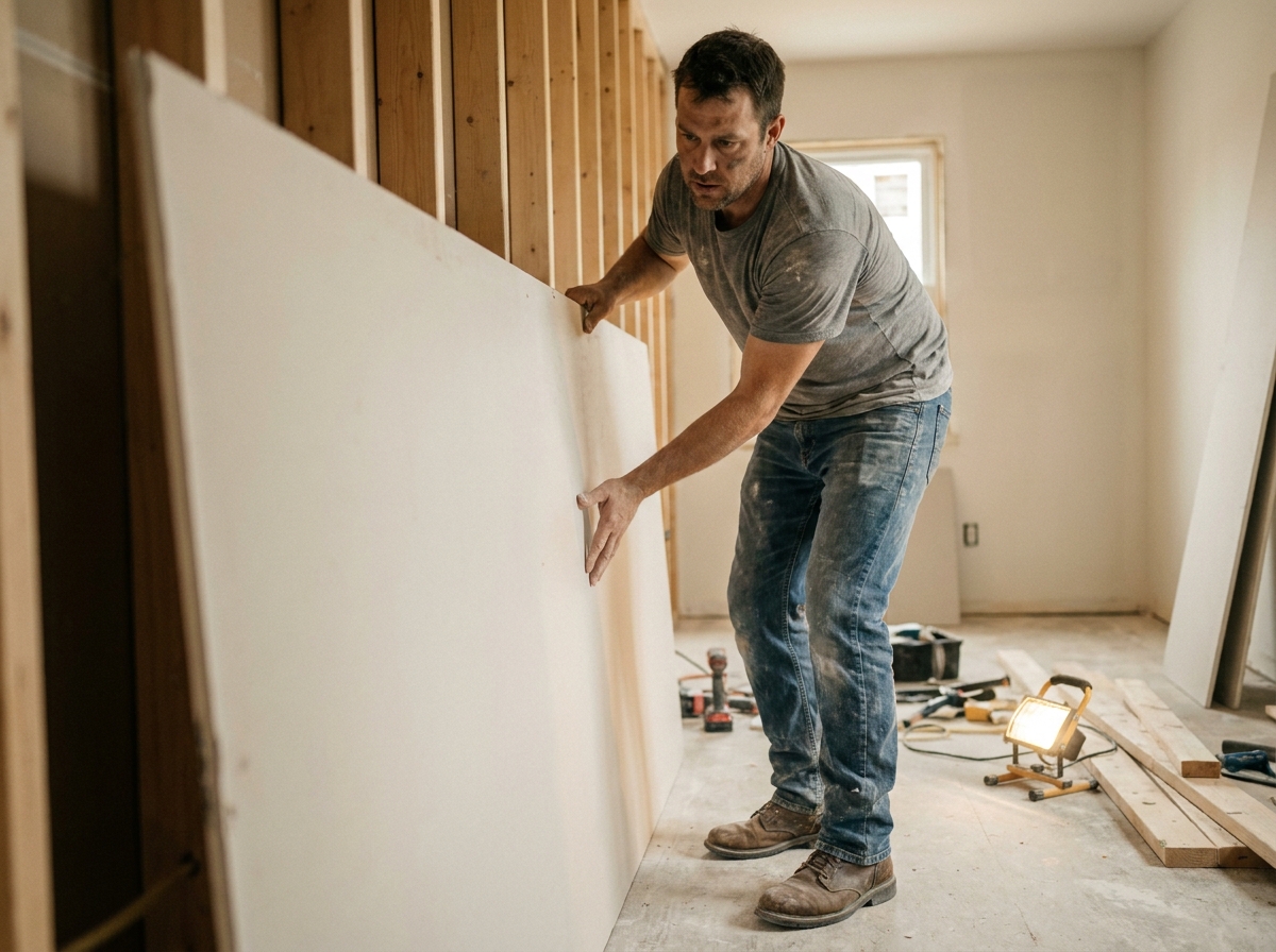 Poseur de cloisons sèches installant des plaques de plâtre sur une ossature bois dans une pièce en cours de rénovation