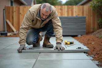 Artisan posant une dalle sur plots réglables dans un jardin, inspection des joints entre carreaux en grès cérame gris