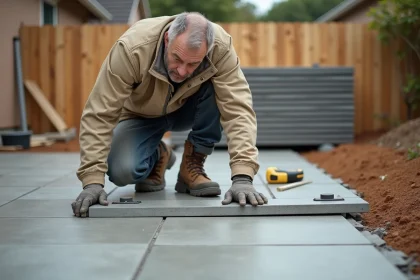 Artisan posant une dalle sur plots réglables dans un jardin, inspection des joints entre carreaux en grès cérame gris