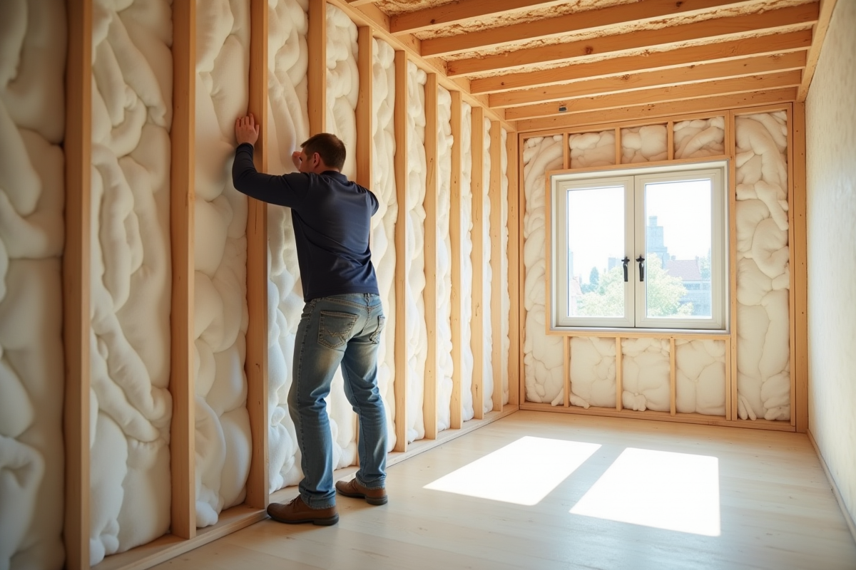 Ouvrier installant des panneaux isolants dans un mur moderne