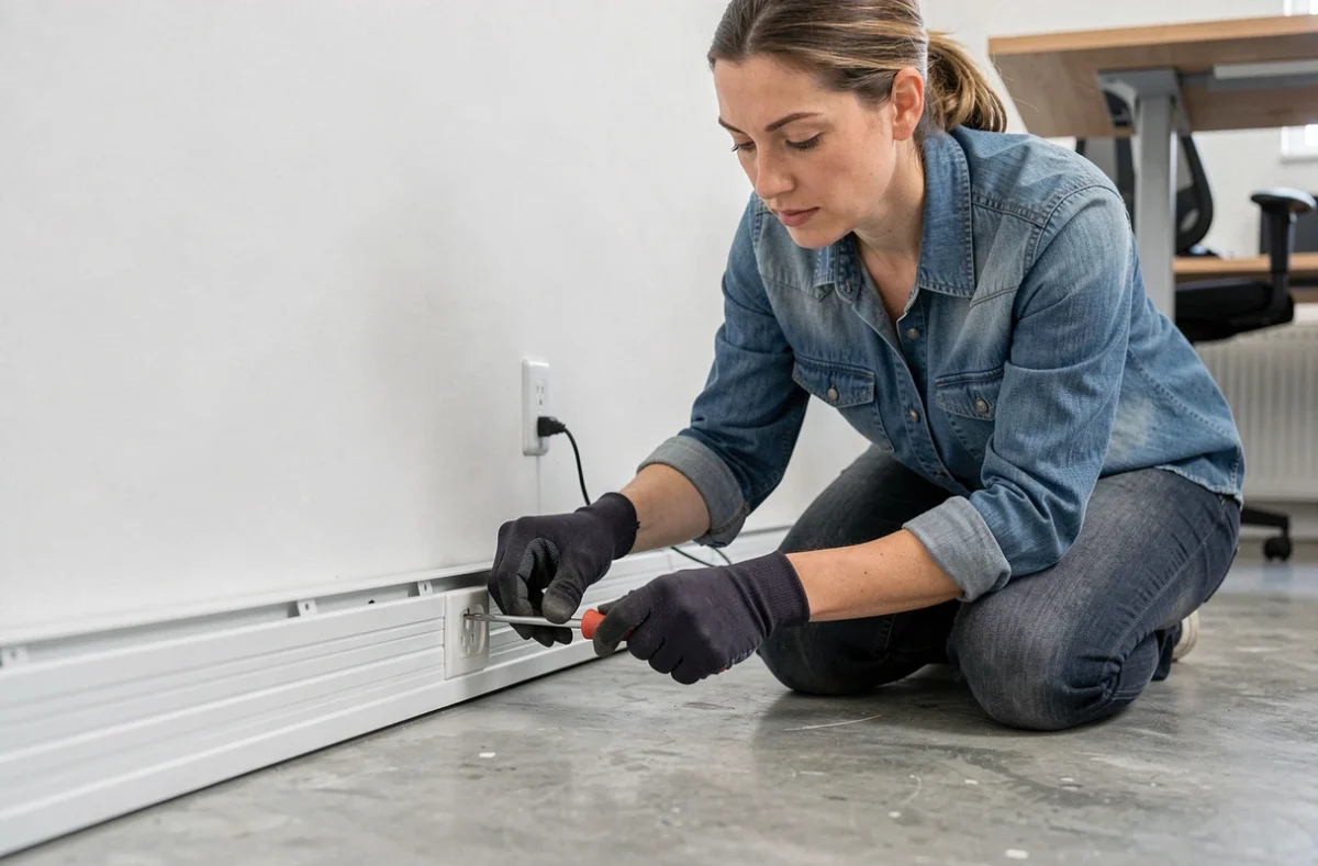 Femme bricolant une prise électrique dans une goulotte de plinthe blanche dans un bureau à domicile