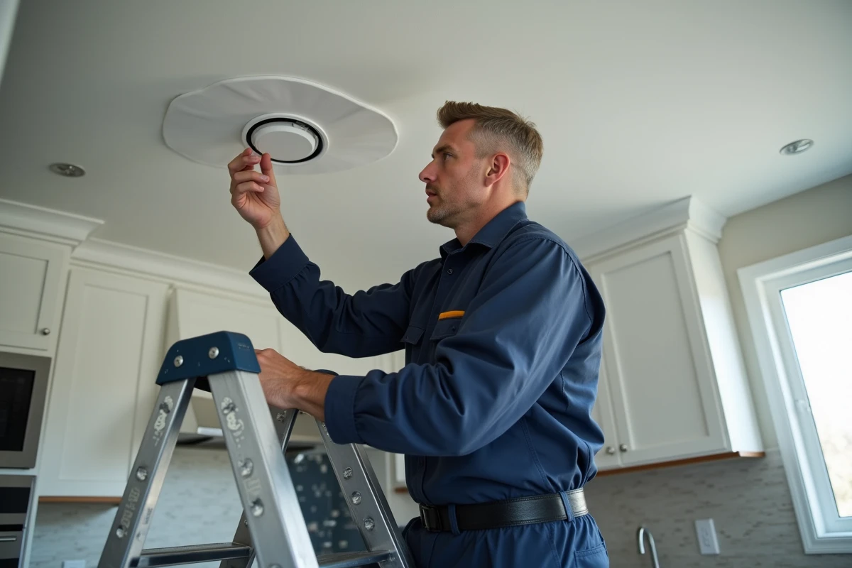 Artisan posant un spot LED encastré dans un plafond tendu lors d'une rénovation de cuisine