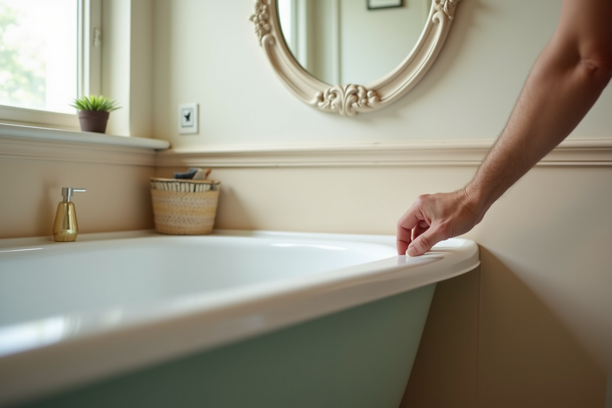 Salle de bain vintage avec baignoire en porcelaine et pose de trim décoratif