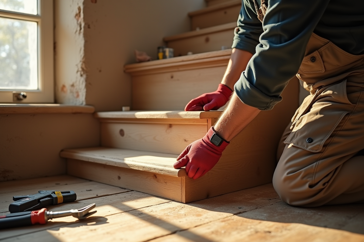 Artisan en pose de bois de chene sur escalier intérieur