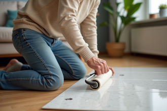 Homme d'âge moyen posant un revêtement vinyle au sol