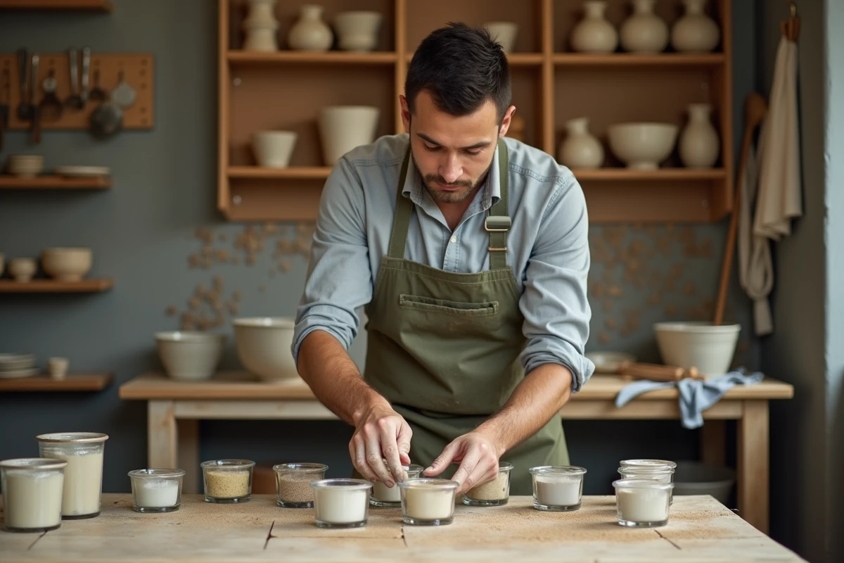 Potier organisant des poudres d'émail céramique basse température dans un atelier de céramique