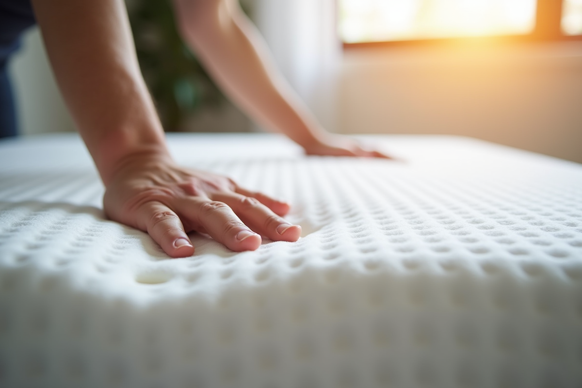 Pression douce sur un matelas en mousse à mémoire de forme en gros plan