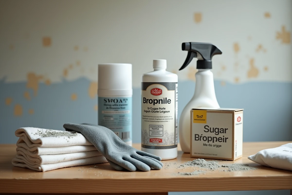 Produits de lessivage mur alignés sur un établi avant travaux de peinture